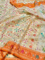 Prebook | Half White 100% Pure Ektara Banarasi Kora Jamdani Saree