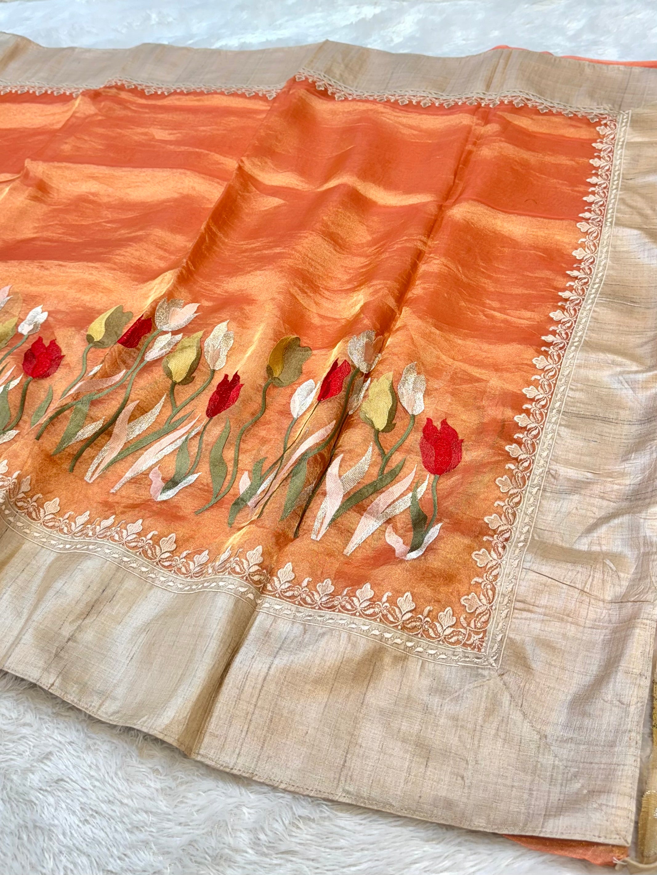 Diamond Peach 100% Pure Handloom Tissue Silk Partywear Banarasi Embroidery Lightweight Sarees