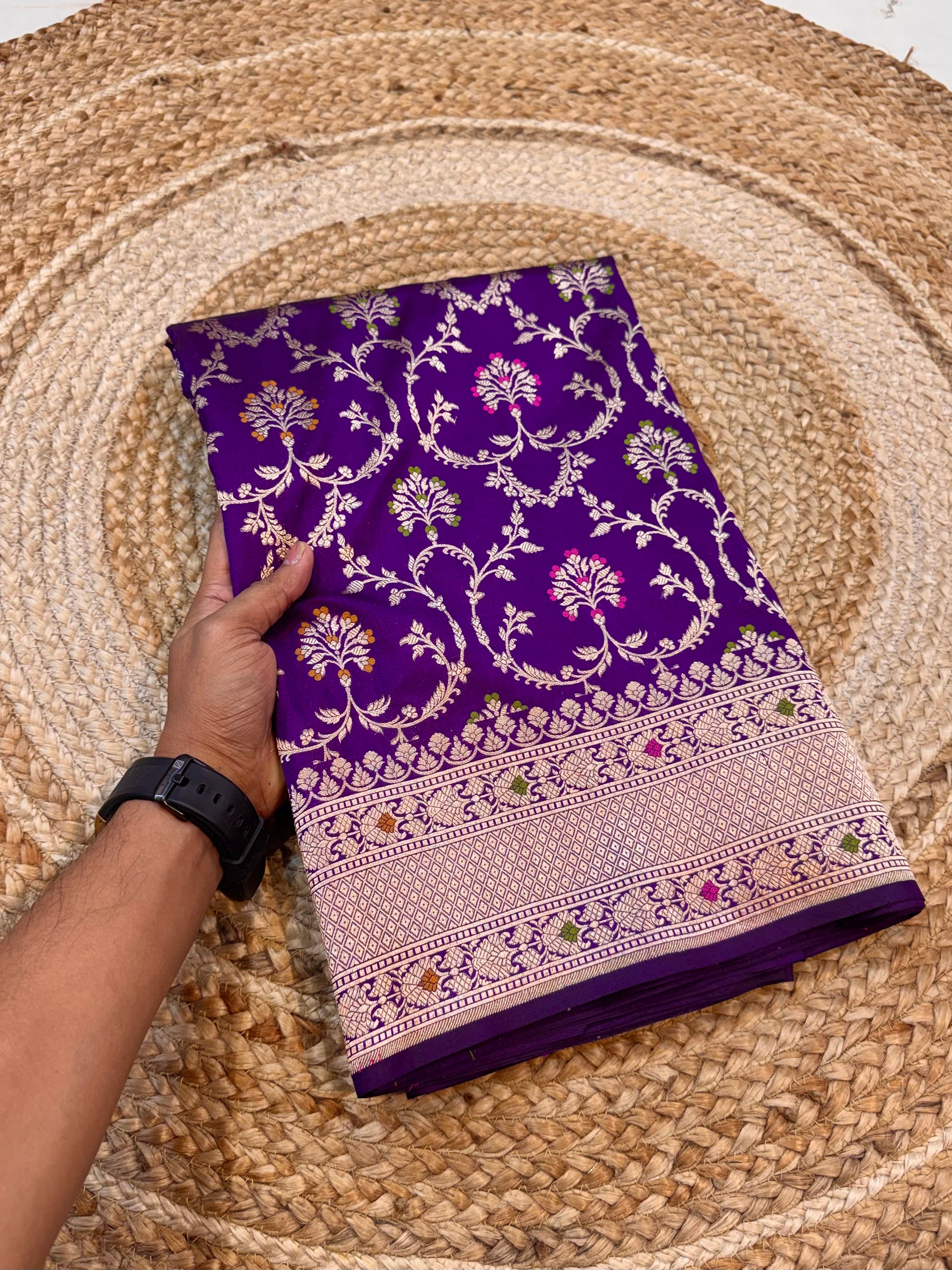 Violet Purple 100% Pure Banarasi Katan Silk Meenakari Saree