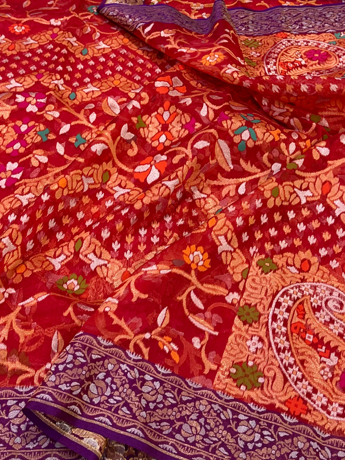 Prebook | Chilli Red Pure Ektara Banarasi Kora Jamdani Saree