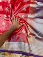 Diamond Red 100% Pure Banarasi Tissue Silk Handloom Handwoven Saree