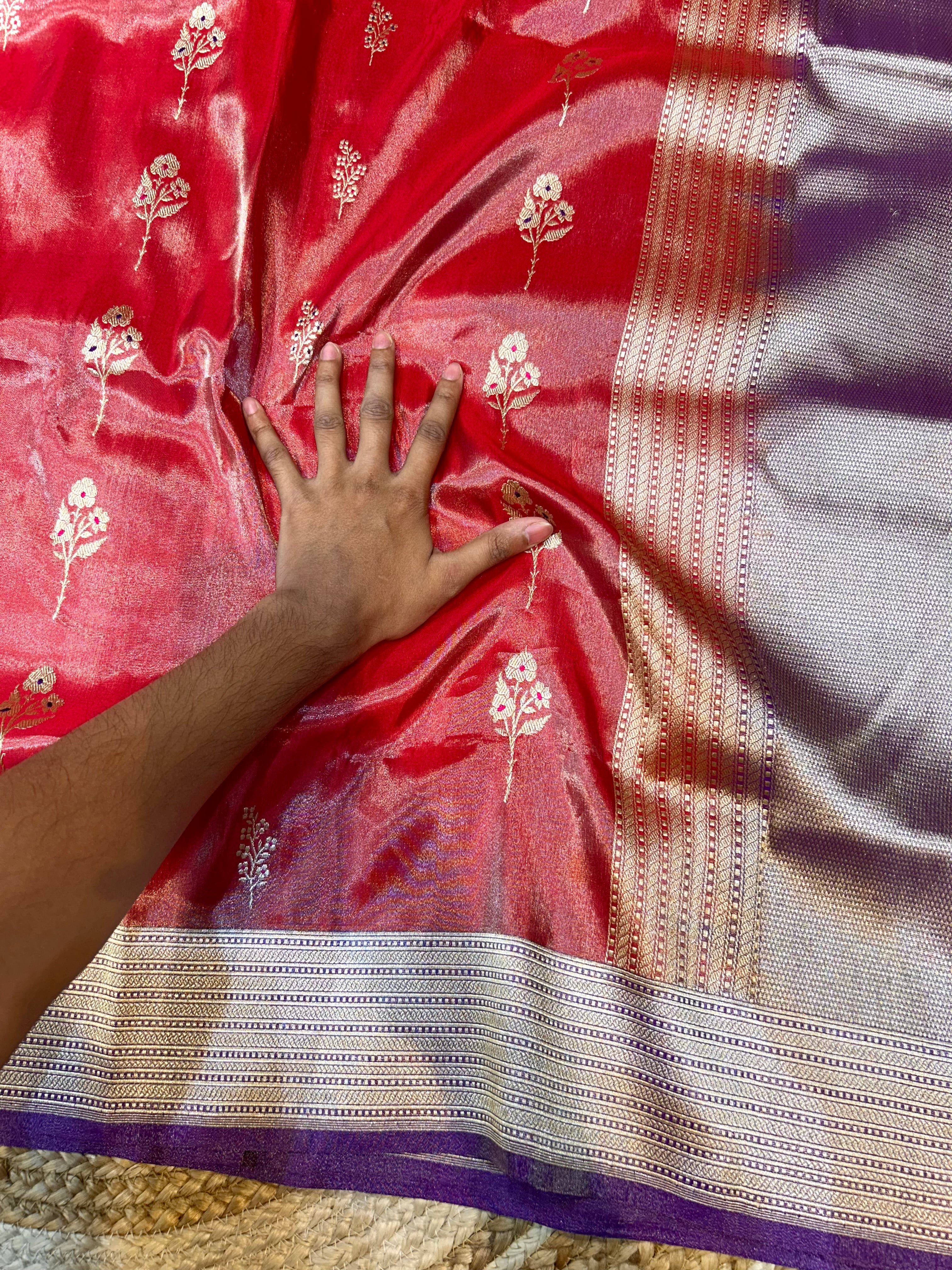 Diamond Red 100% Pure Banarasi Tissue Silk Handloom Handwoven Saree