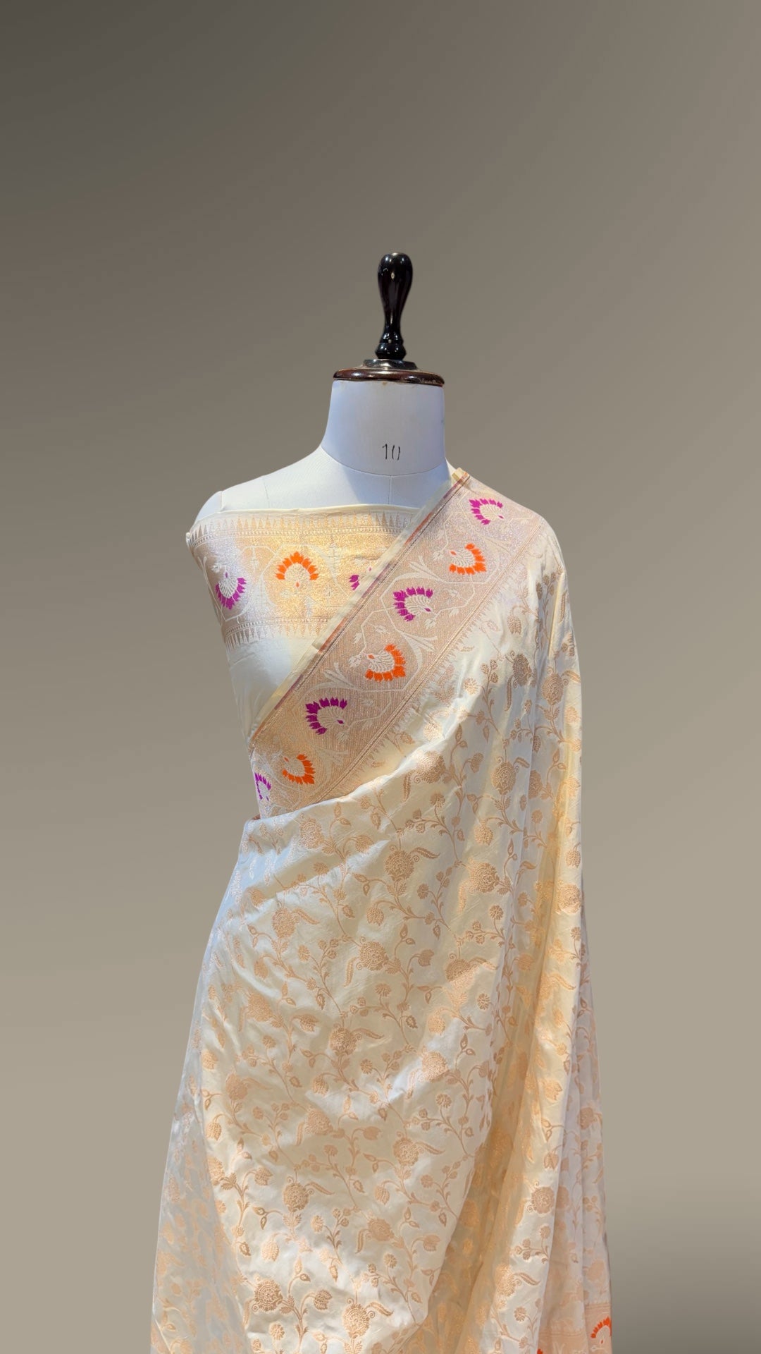 Ivory 100% Pure Banarasi Katan Silk Meenakari Paithani Saree