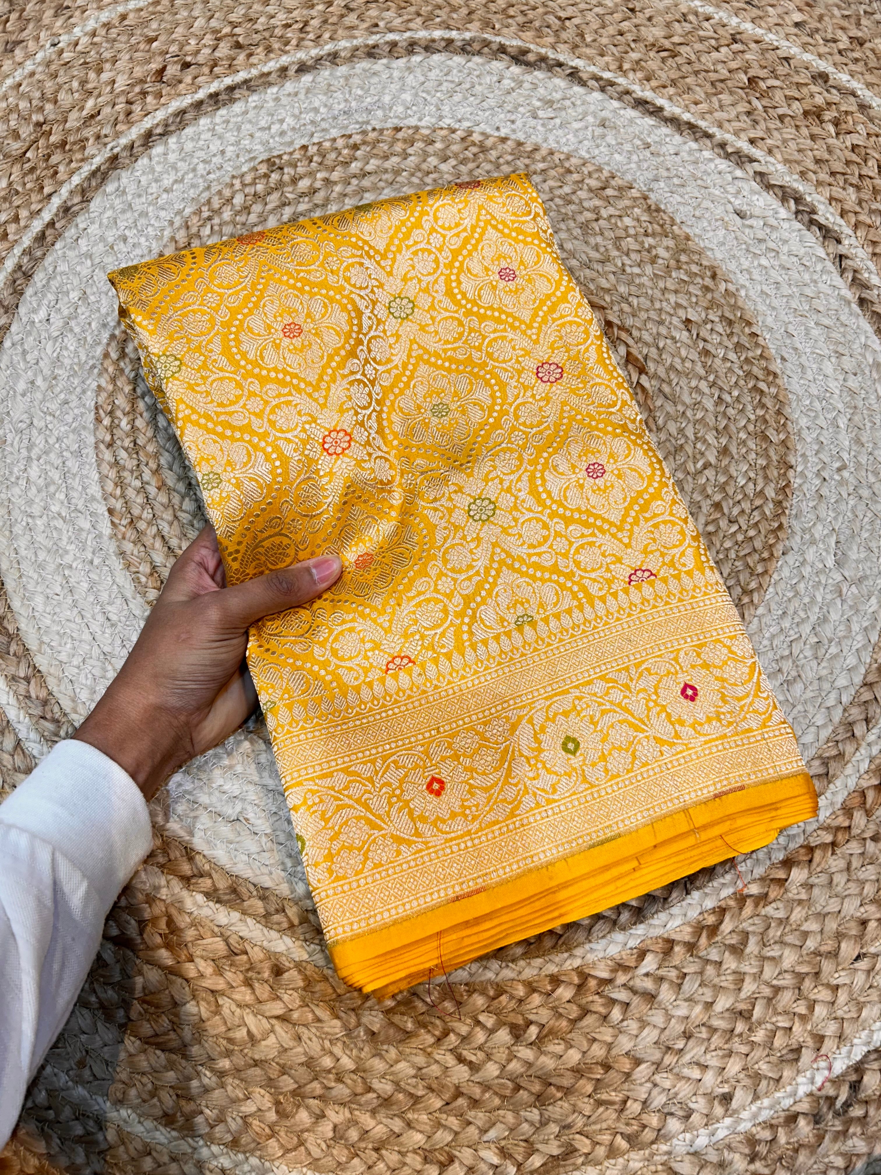 Yellow Gold 100% Pure Banarasi Katan Silk Meenakari Brocade Saree