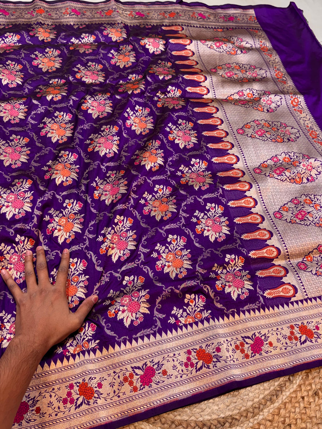 Violet Purple 100% Pure Banarasi Katan Silk Meenakari Saree