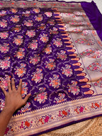 Violet Purple 100% Pure Banarasi Katan Silk Meenakari Saree
