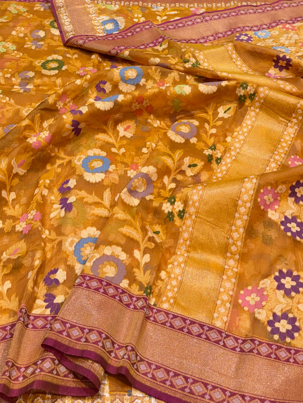 Musturd Yellow 100% Pure Ektara Banarasi Kora Jamdani Saree