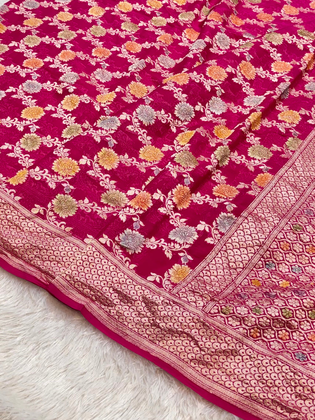 Rani Pink 100% Pure Banarasi Khaddi Georgette Meenakari Saree