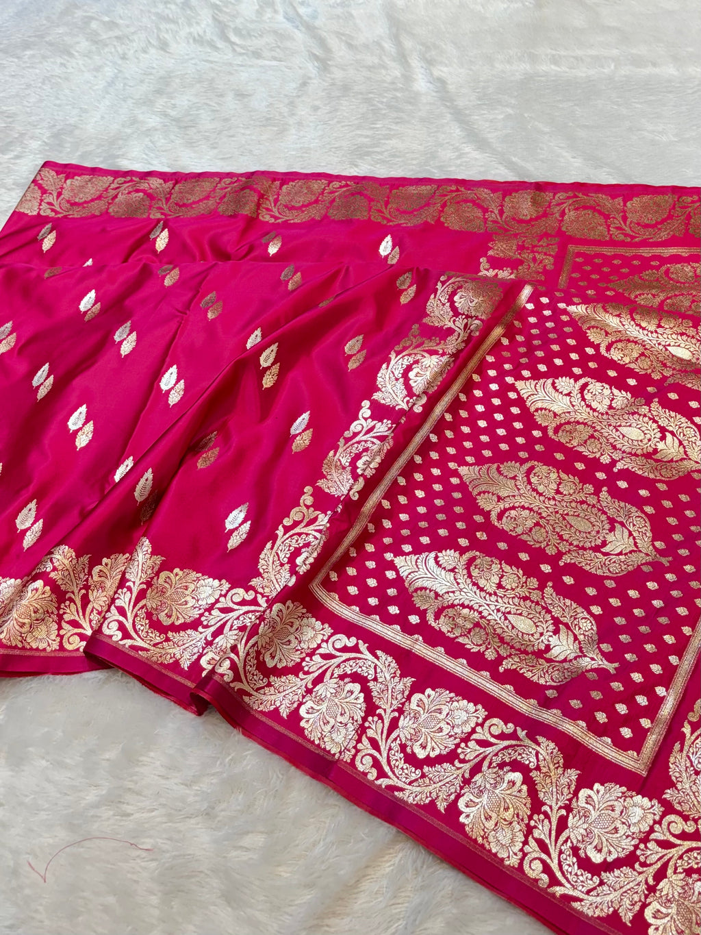 Rani Pink Banarasi Soft Meenakari Mashru Silk Partywear Saree