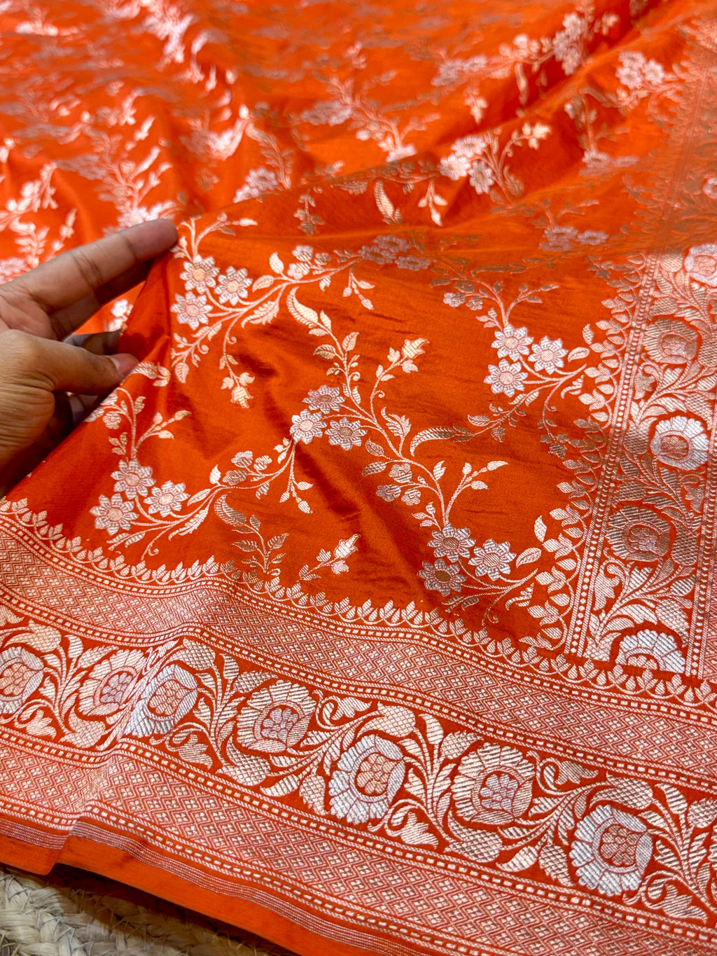 Prebook | Fanta Orange 100% Pure Banarasi Katan Silk Meenakari Saree