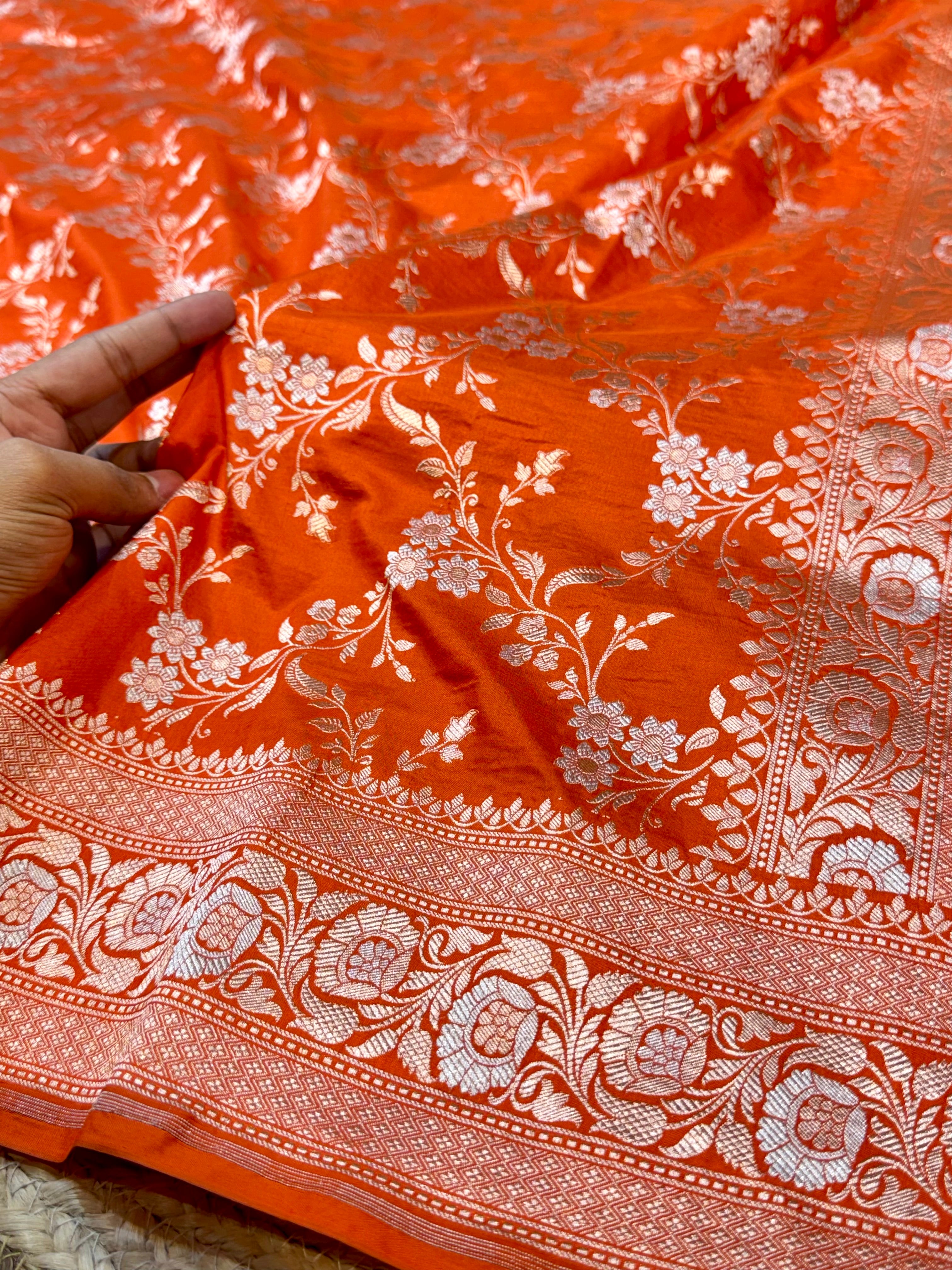 Prebook | Fanta Orange 100% Pure Banarasi Katan Silk Meenakari Saree