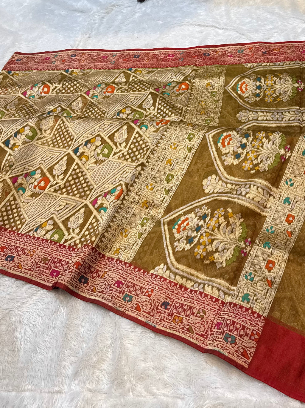 Prebook | Mehendi Green 100% Pure Ektara Banarasi Kora Jamdani Saree