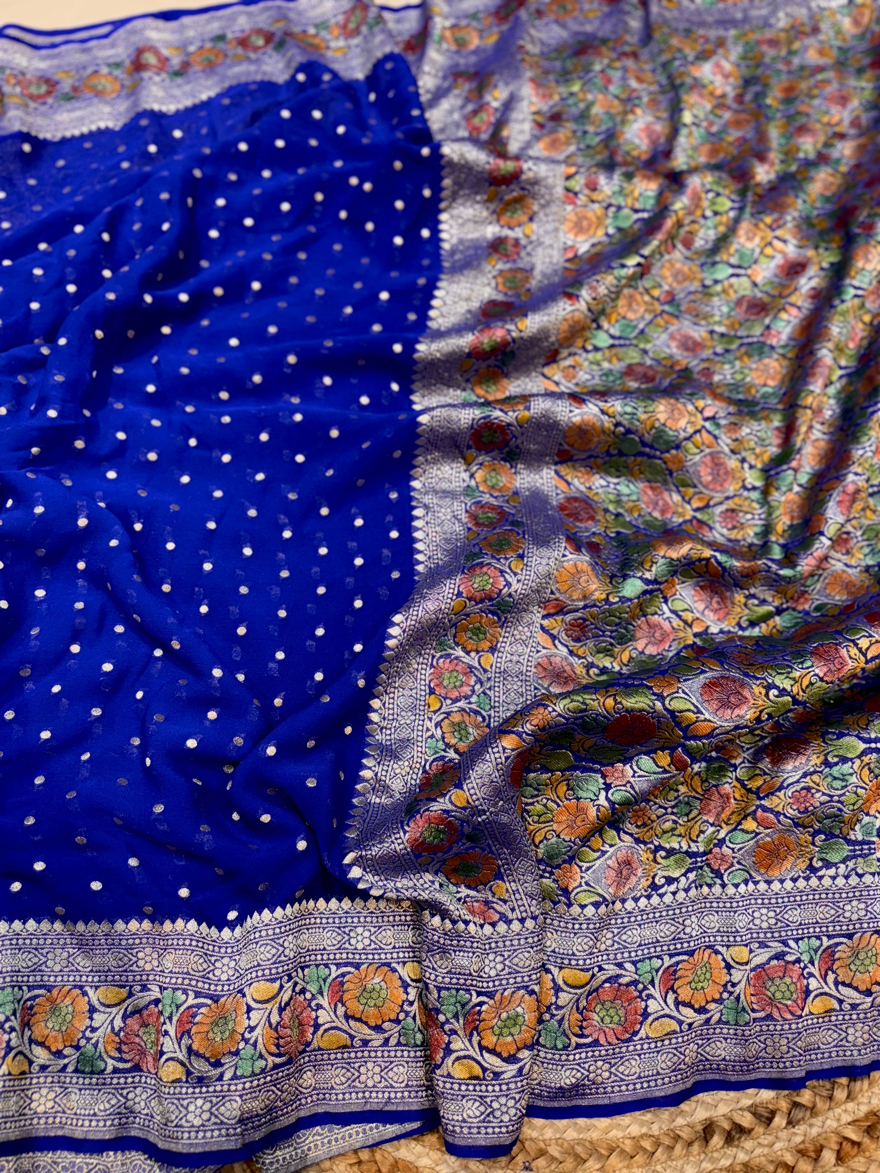Royal Blue 100% Pure Banarasi Khaddi Georgette Meenakari Saree