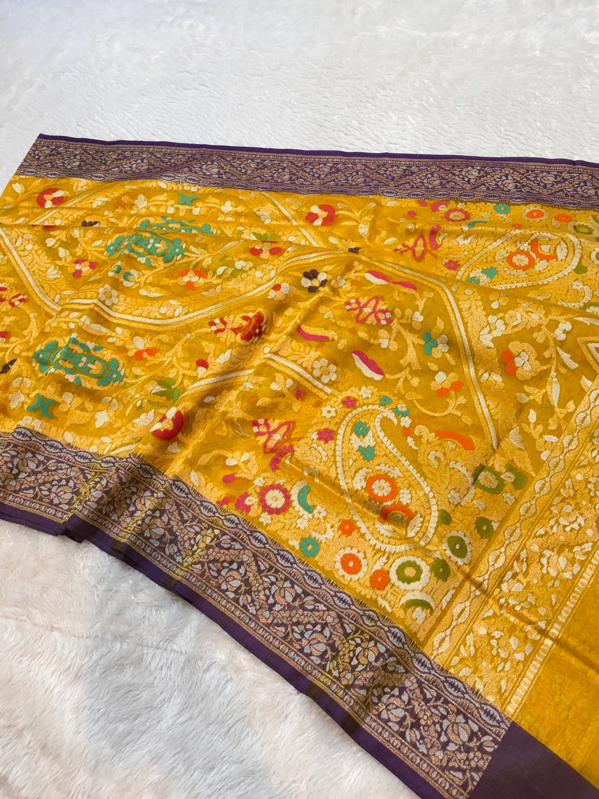 Sunflower Yellow Pure Banarasi Ektara Kora Jamdani Saree