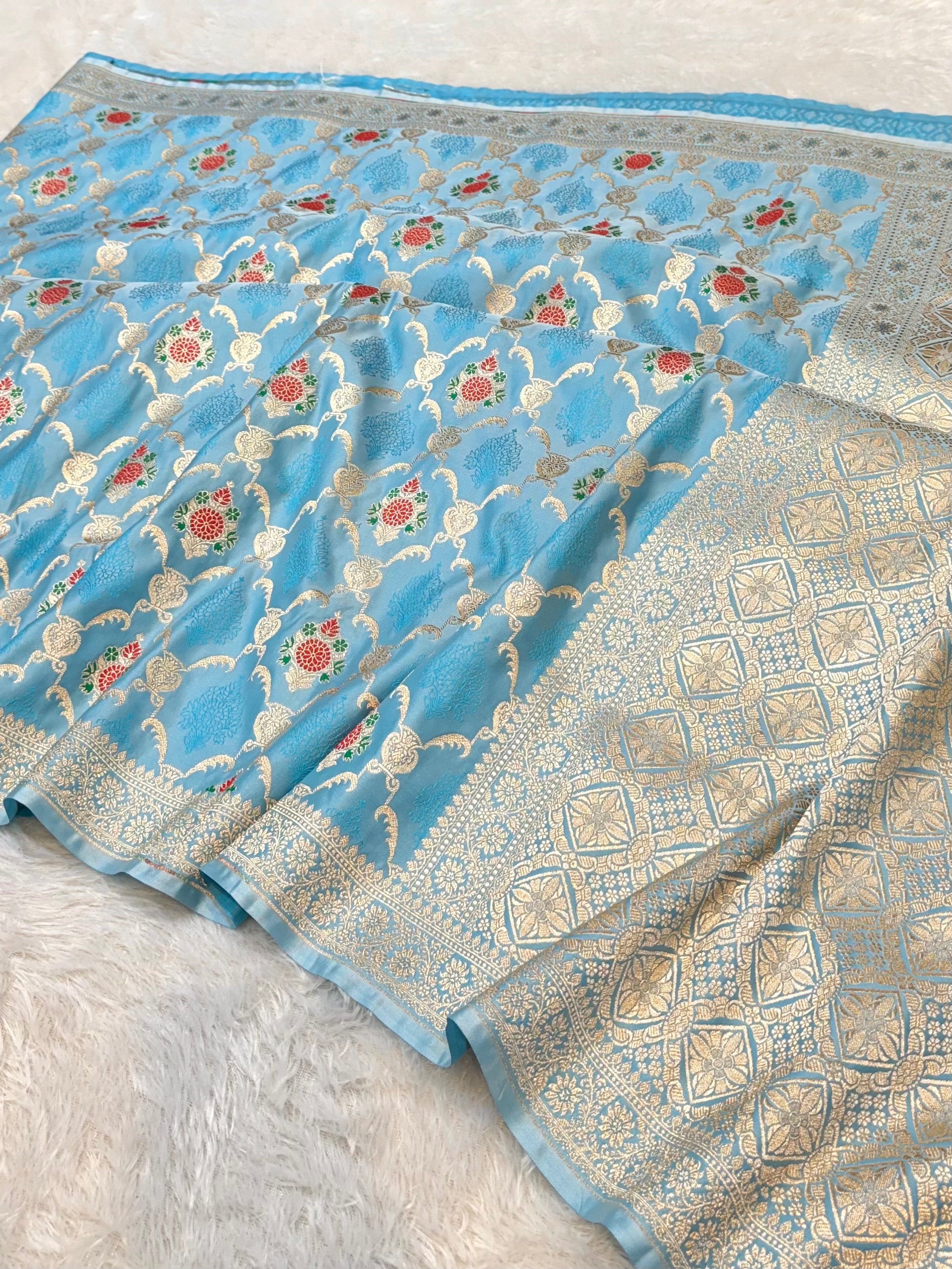 Sky Blue Banarasi Soft Mashru Silk Partywear Meenakari Saree