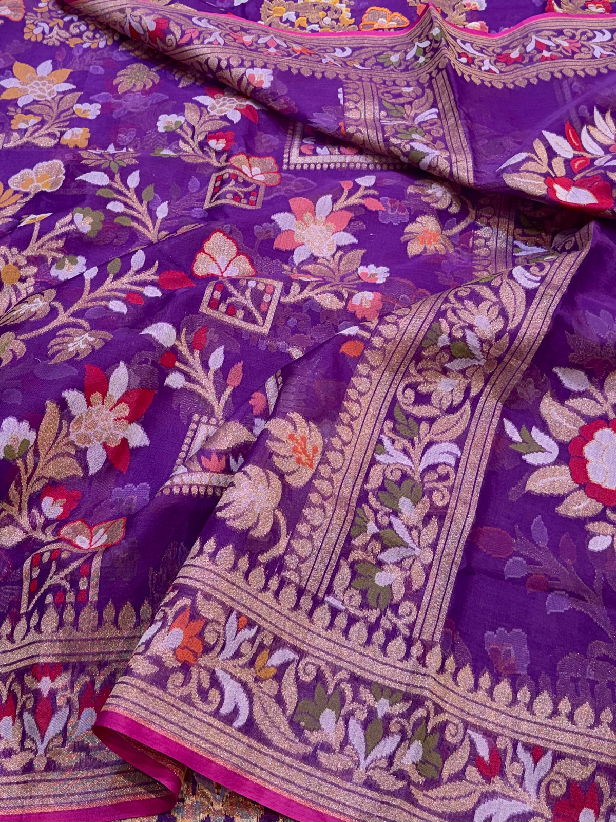 Violet Purple Pure Handloom Banarasi Ektara Kora Jamdani Saree