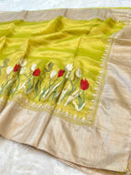 Diamond Pista Green 100% Pure Handloom Tissue Silk Partywear Banarasi Embroidery Lightweight Sarees