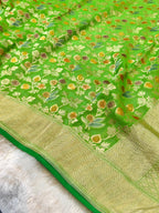 Parrot Green 100% Pure Banarasi Khaddi Georgette Handbrush Meenakari Saree