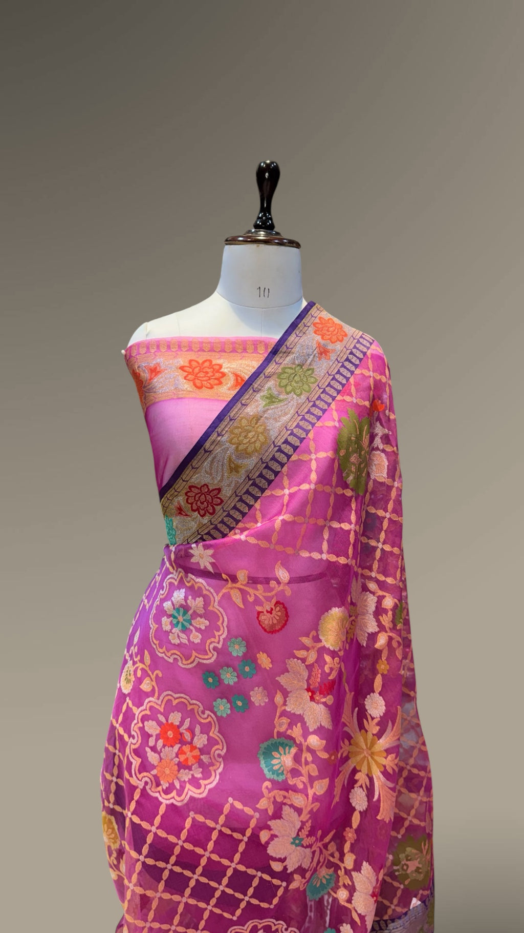 Rani Pink 100% Pure Ektara Banarasi Kora Jamdani Saree