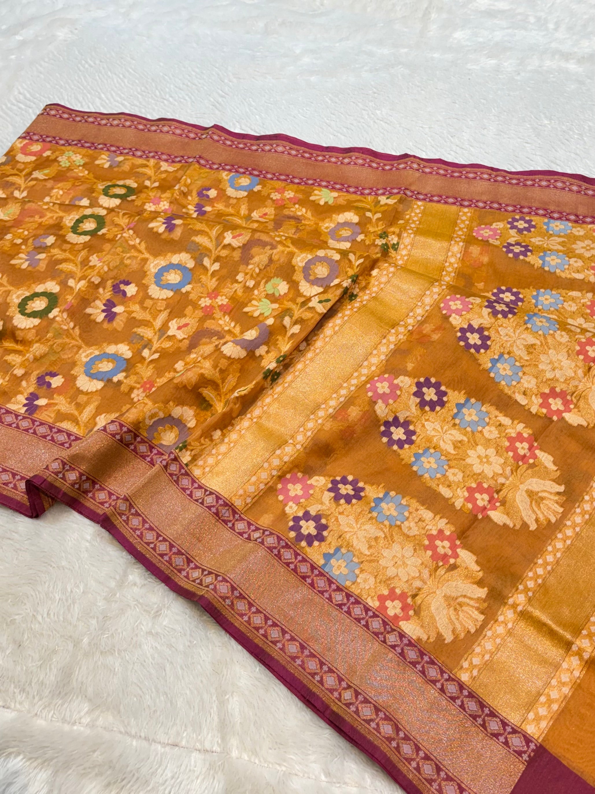 Musturd Yellow 100% Pure Ektara Banarasi Kora Jamdani Saree