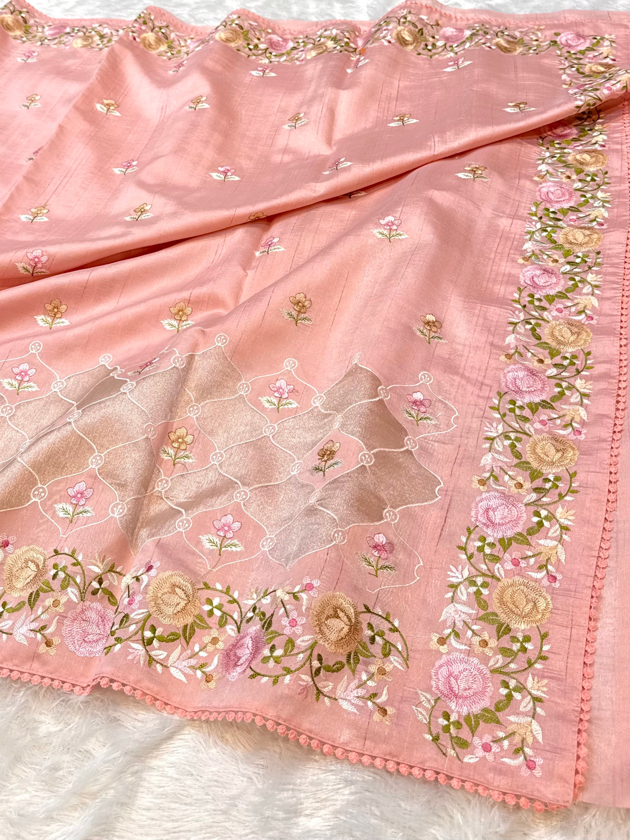 Peach Tussar Silk Partywear Banarasi Embroidery with Tissue Applique Lightweight Sarees