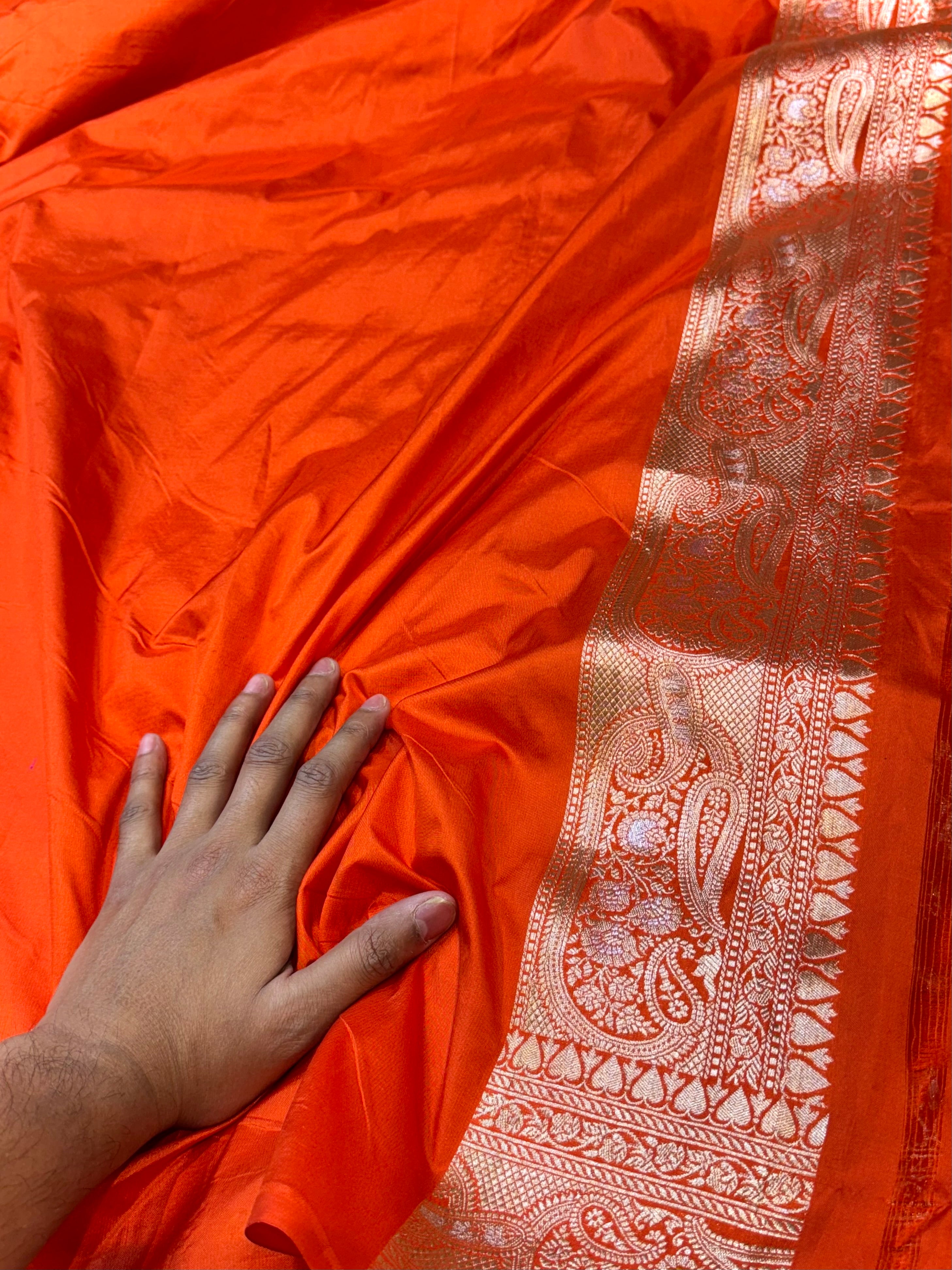 Prebook | Fanta Orange 100% Pure Banarasi Katan Silk Meenakari Saree
