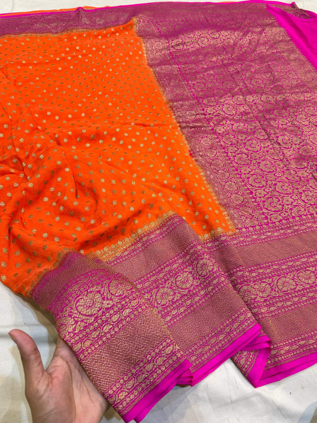 Orangish Peach Pure Banarasi Premium Khaddi Georgette Double Border Saree