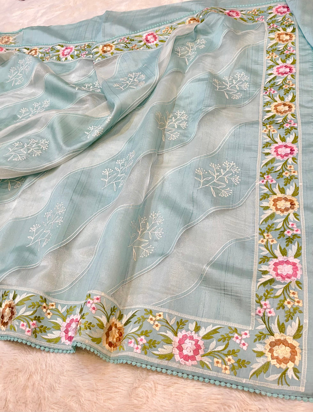 Blue Tussar Silk Partywear Banarasi Embroidery with Tissue Applique Lightweight Sarees