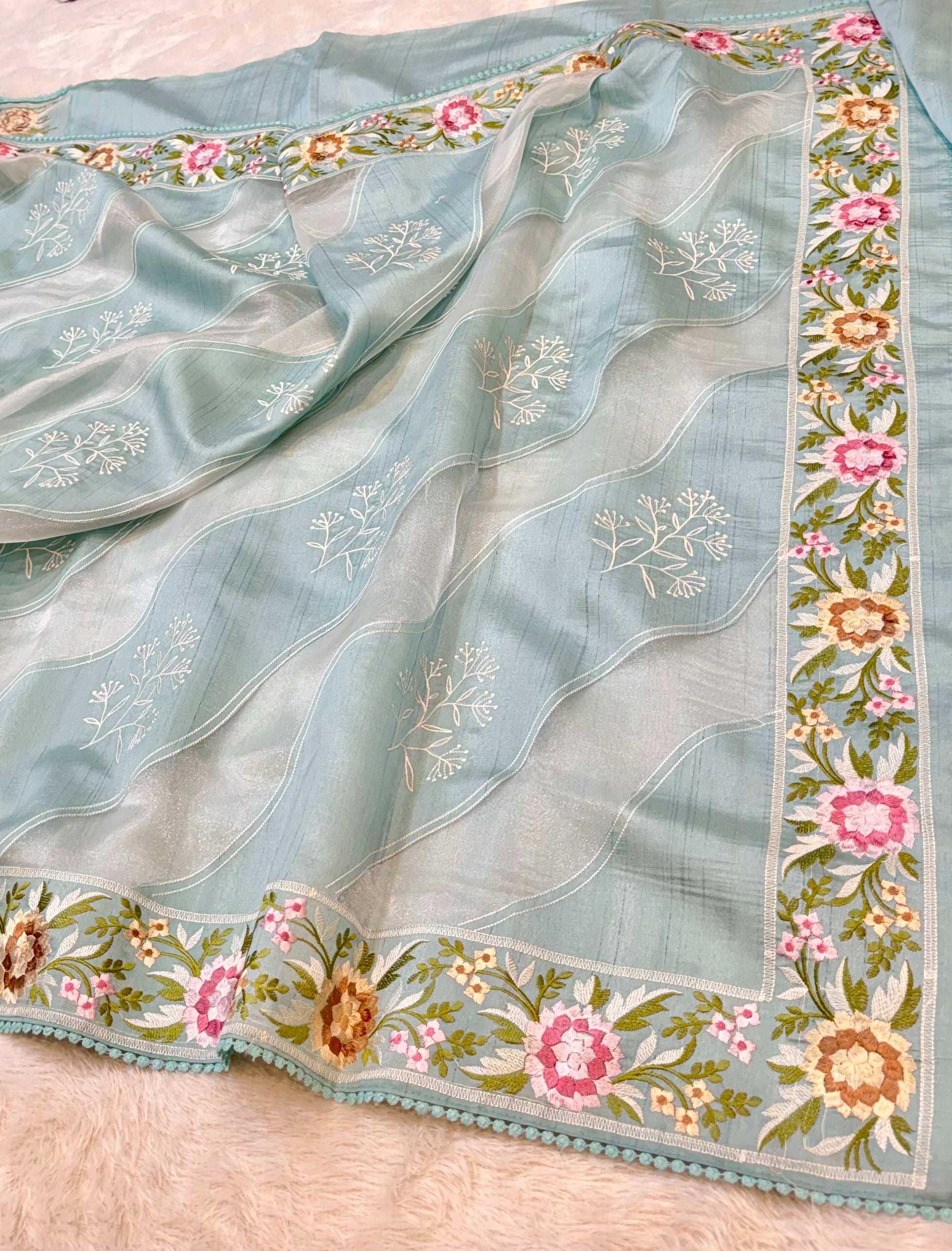 Blue Tussar Silk Partywear Banarasi Embroidery with Tissue Applique Lightweight Sarees