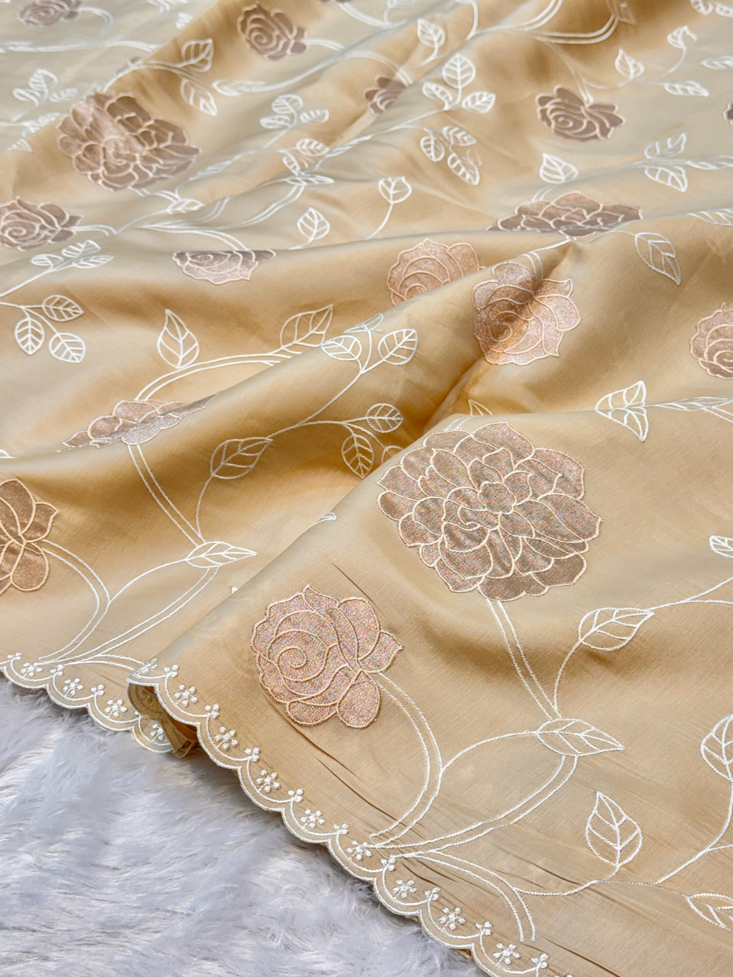 Beige Mango Silk Partywear Banarasi Embroidered Jaal with Tissue Applique Lightweight Sarees
