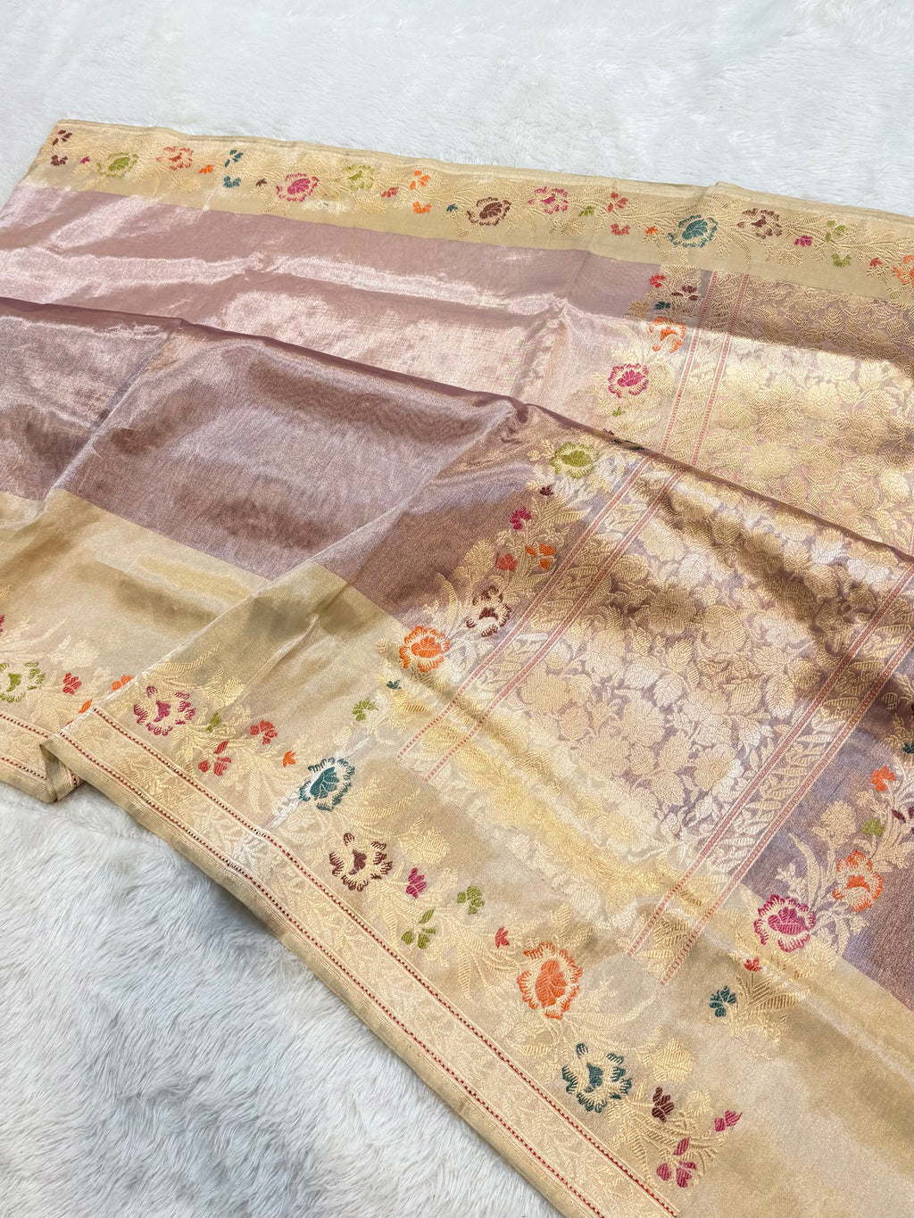 Diamond Golden Pure Banarasi Tissue Silk Tilfi Handloom Handwoven Saree