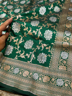 Bottle Green 100% Pure Banarasi Katan Silk Meenakari Saree