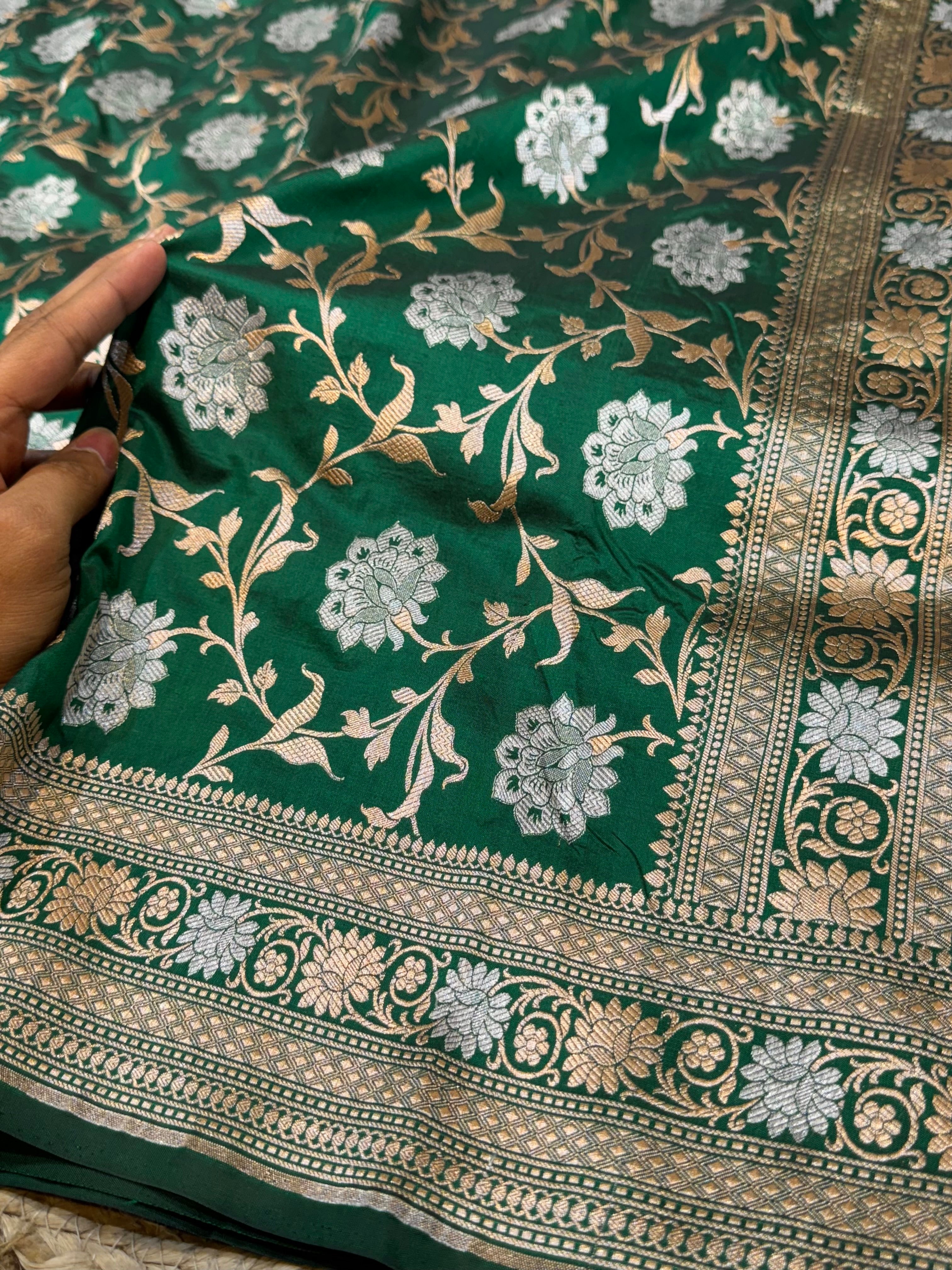 Bottle Green 100% Pure Banarasi Katan Silk Meenakari Saree