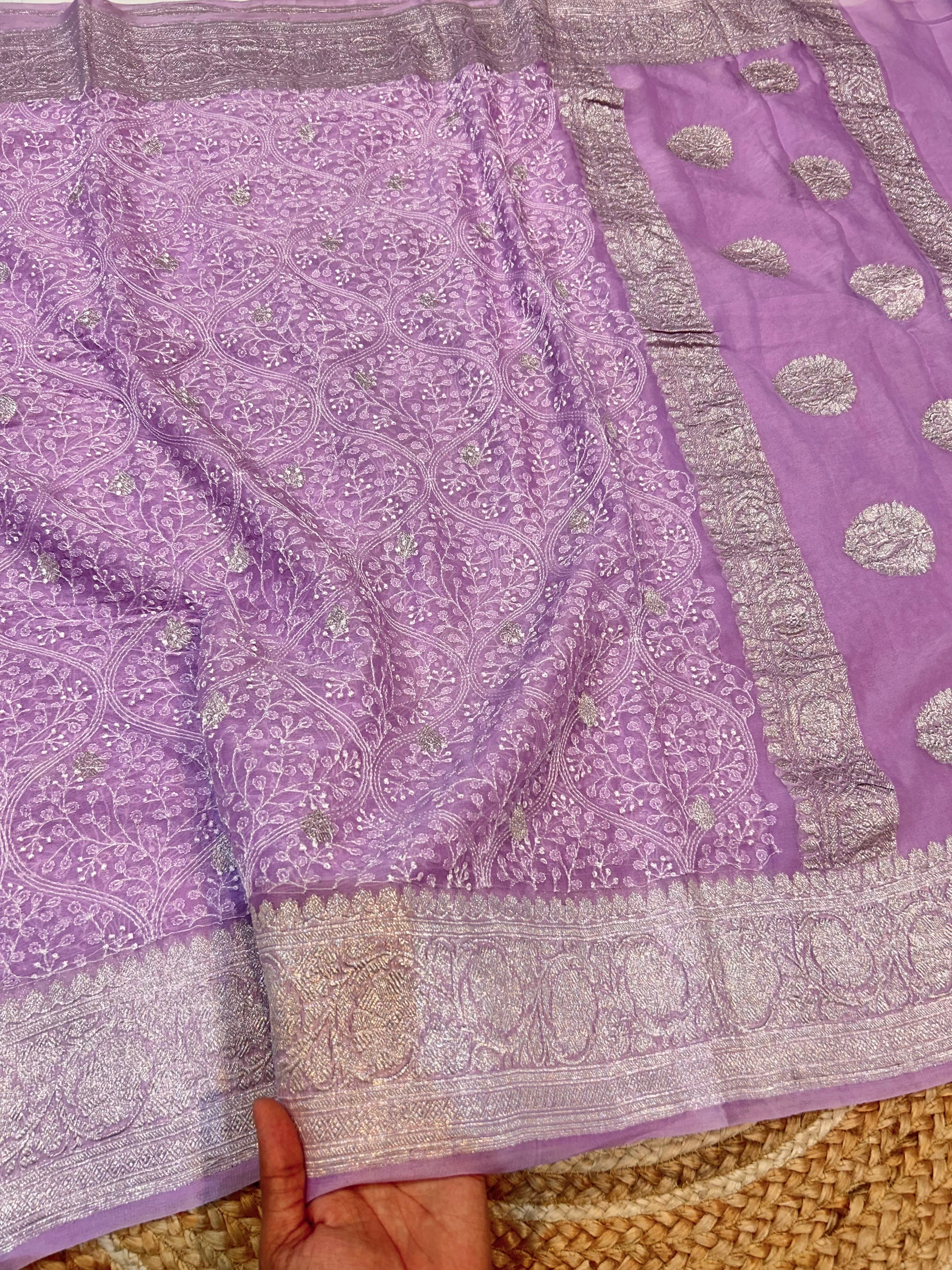 Lavender 100% Pure Khaddi Georgette Silver Zari ChikanKari Handloom Saree