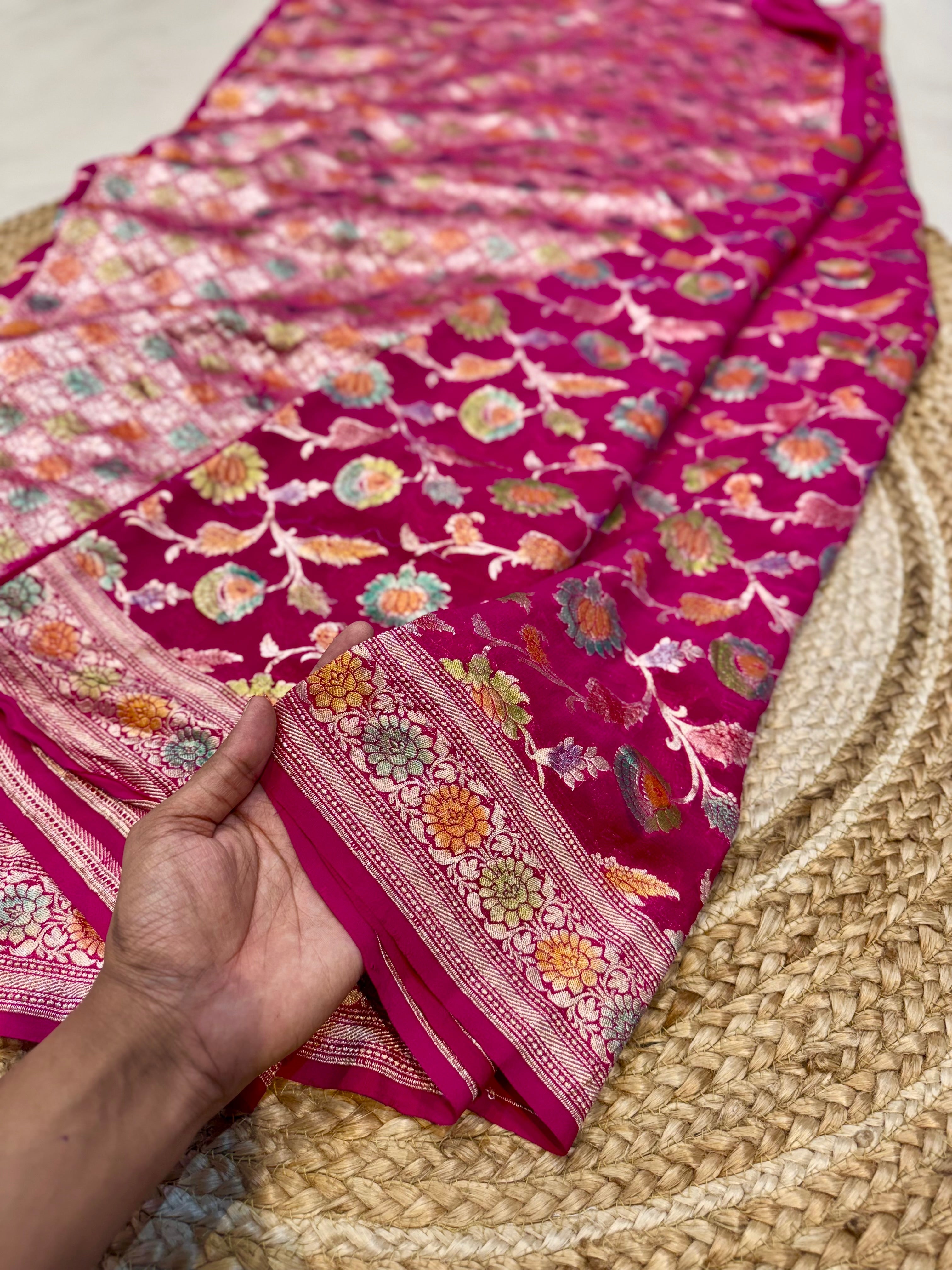 Rani Pink 100% Pure Banarasi Khaddi Georgette Meenakari Saree