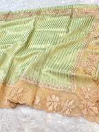 Pastel Green 100% Pure Handloom Stripes Tissue Silk Partywear Banarasi Embroidery Lightweight Sarees