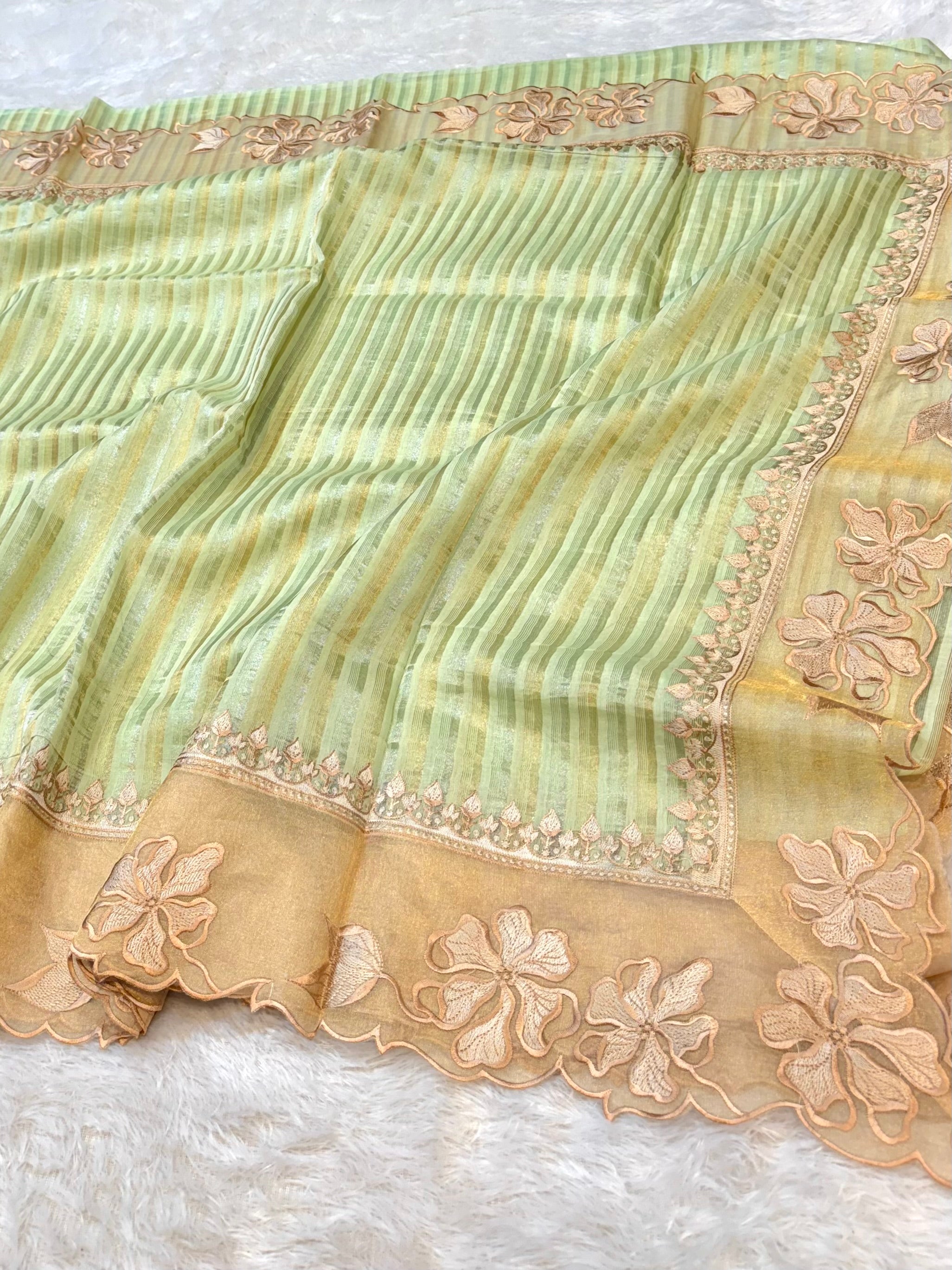 Pastel Green 100% Pure Handloom Stripes Tissue Silk Partywear Banarasi Embroidery Lightweight Sarees