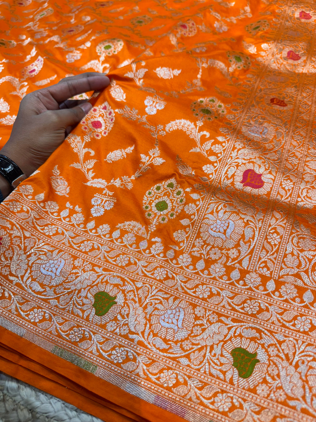 Prebook | Fanta Orange 100% Pure Banarasi Katan Silk Meenakari Saree