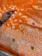Prebook | Fanta Orange 100% Pure Banarasi Katan Silk Meenakari Saree