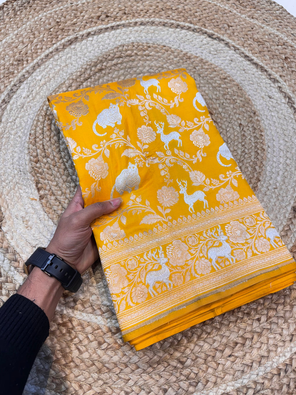 Yellow 100% Pure Banarasi Katan Silk Meenakari Saree