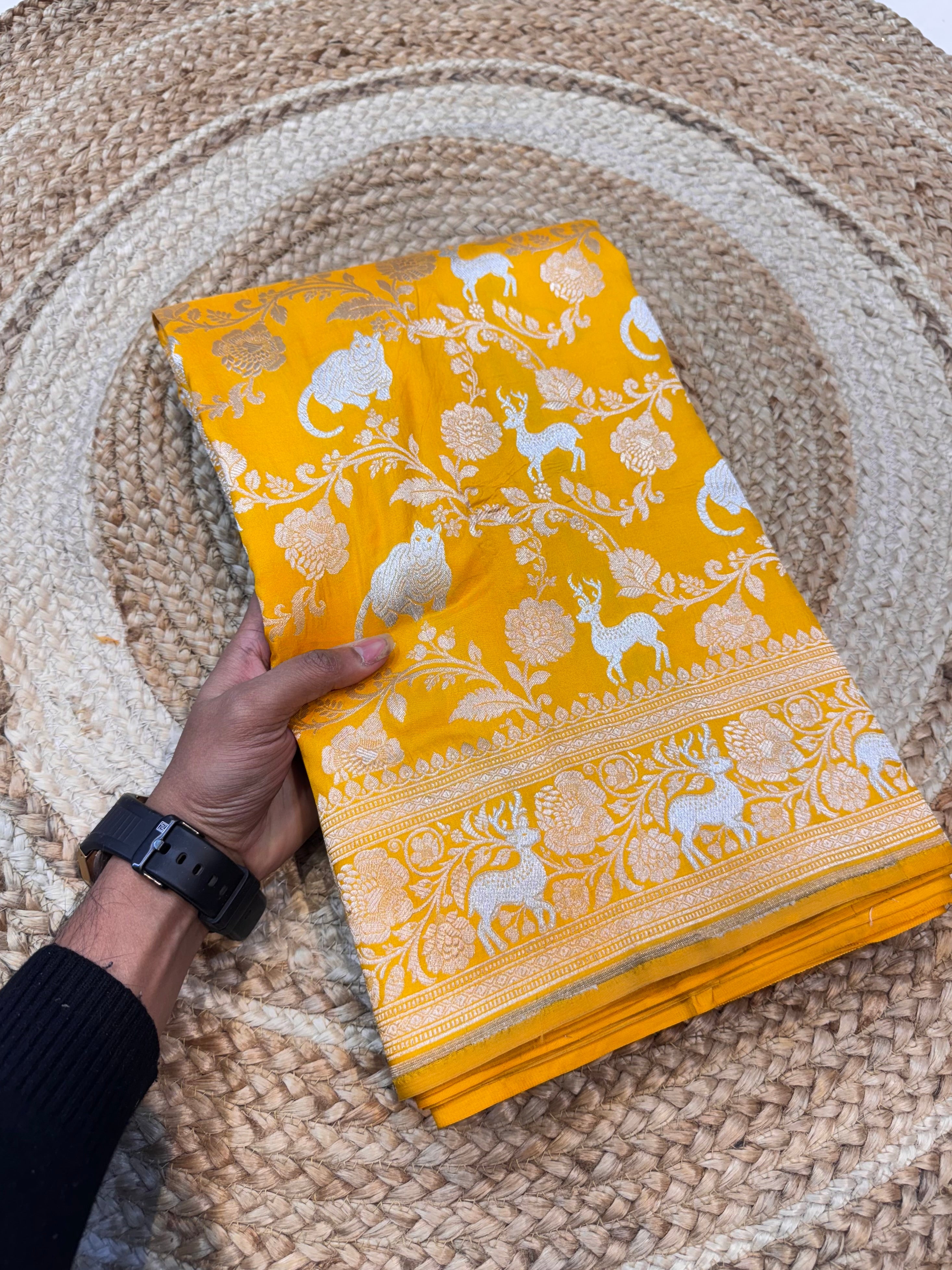 Yellow 100% Pure Banarasi Katan Silk Meenakari Saree