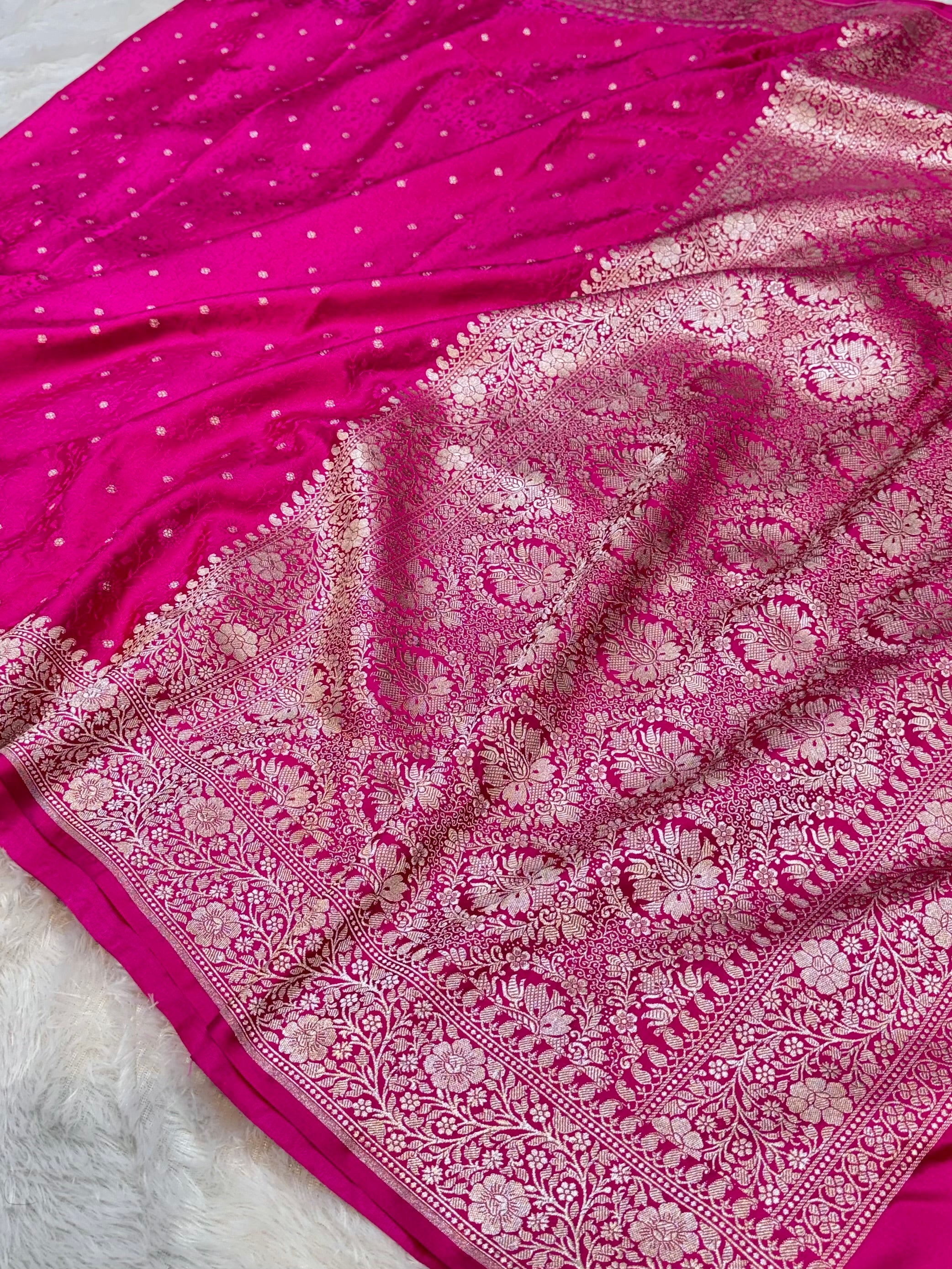 Rani Pink Banarasi Soft Meenakari Mashru Silk Partywear Saree