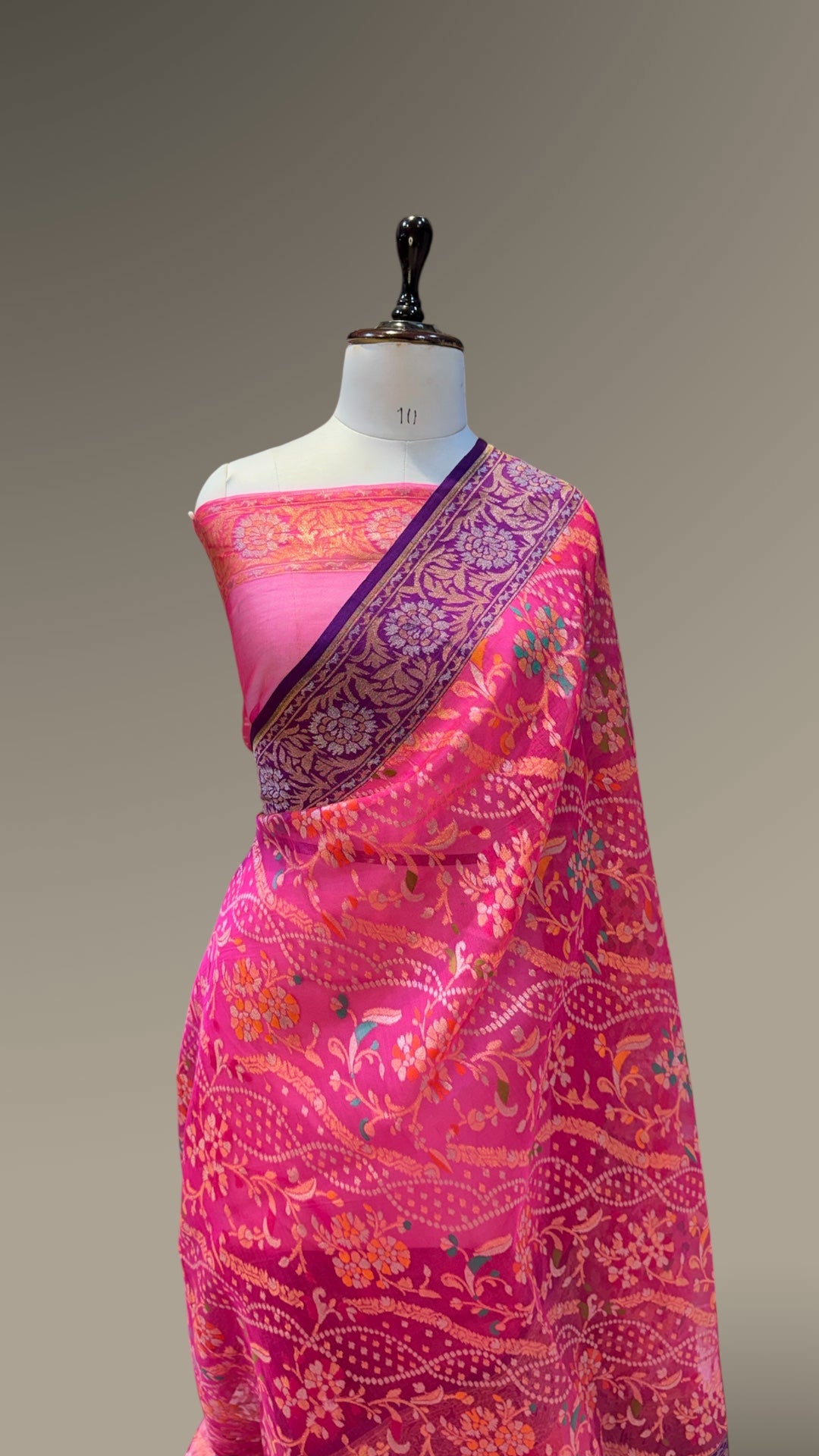Rani Pink 100% Pure Ektara Banarasi Kora Jamdani Saree