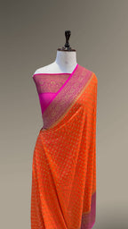 Orangish Peach Pure Banarasi Premium Khaddi Georgette Double Border Saree