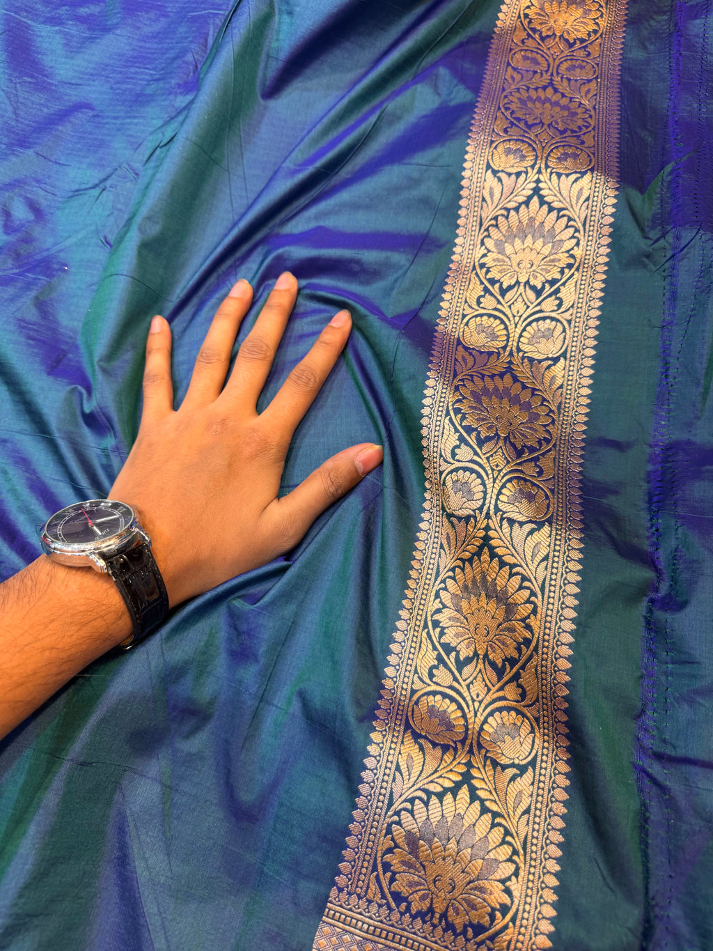 Dual shade Peacock Blue 100% Pure Banarasi Katan Silk Meenakari Saree