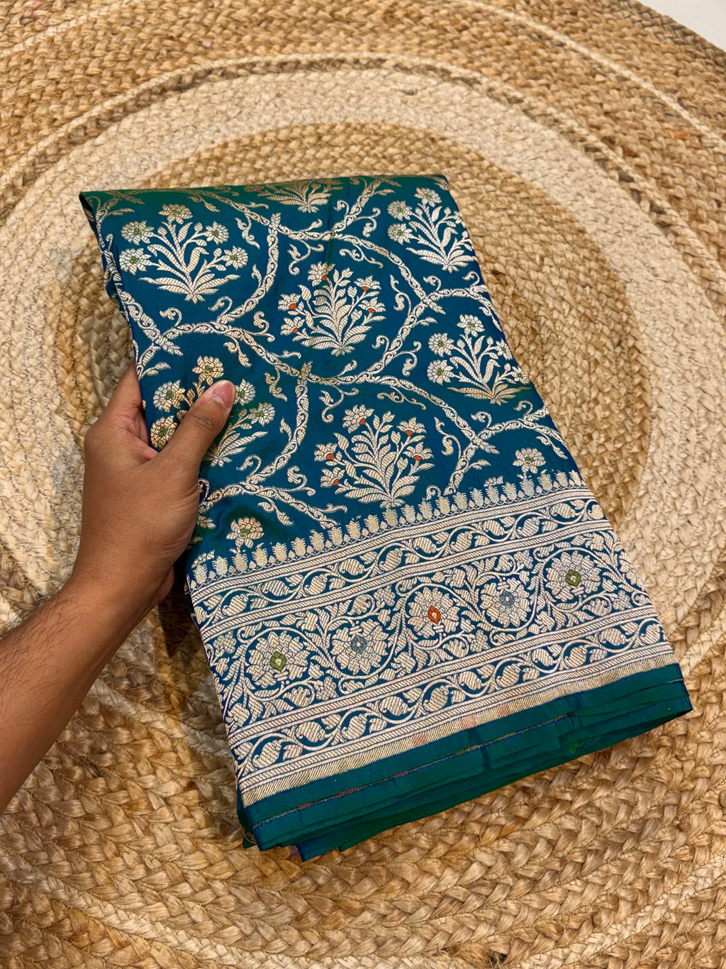 Dual Shade Peacock Blue 100% Pure Banarasi Katan Silk Meenakari Saree