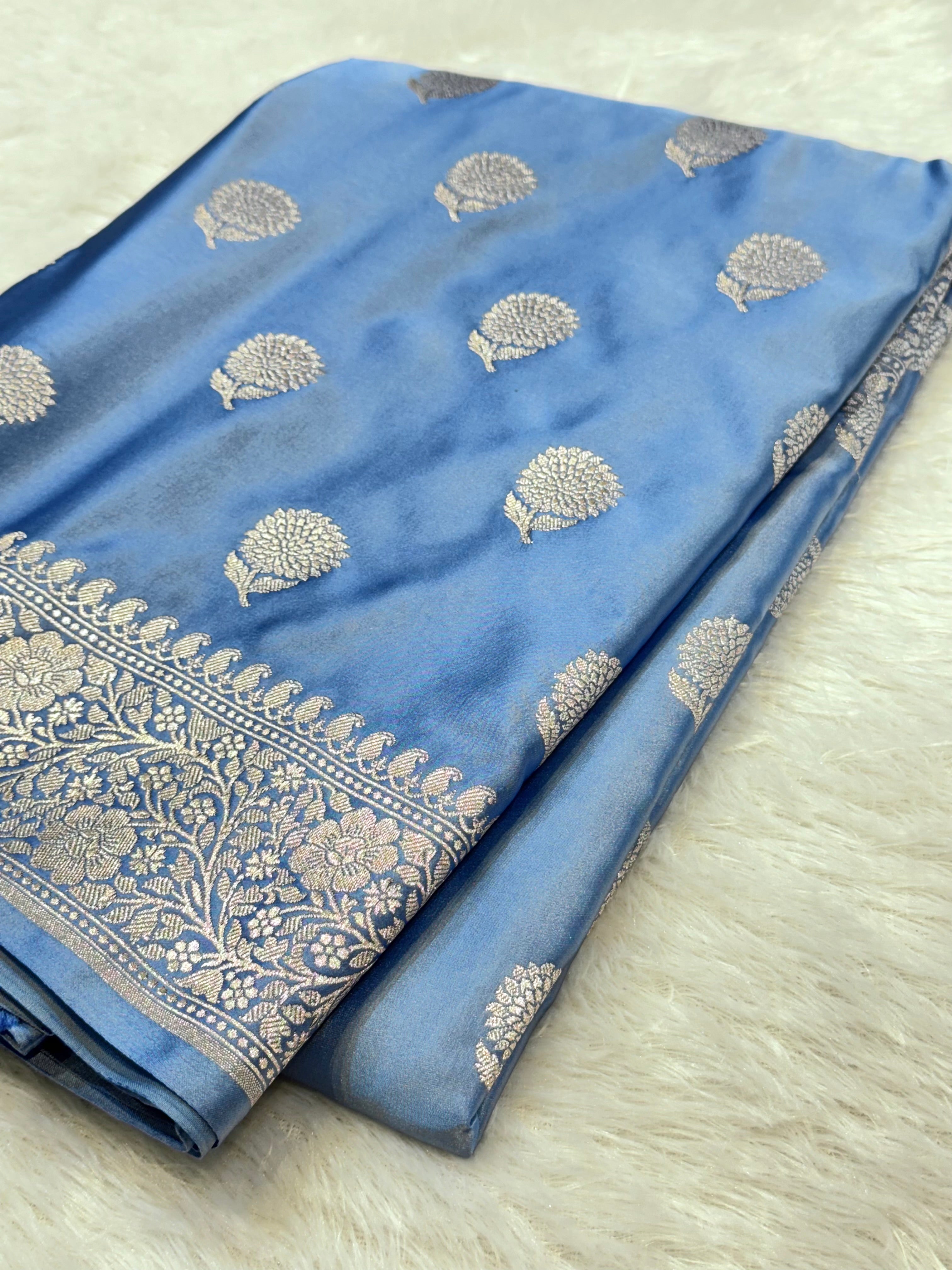 Powder Blue Banarasi Soft Mashru Silk Partywear Saree