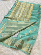 Sea Green 100% Pure Banarasi Raw Mango Silk Saree