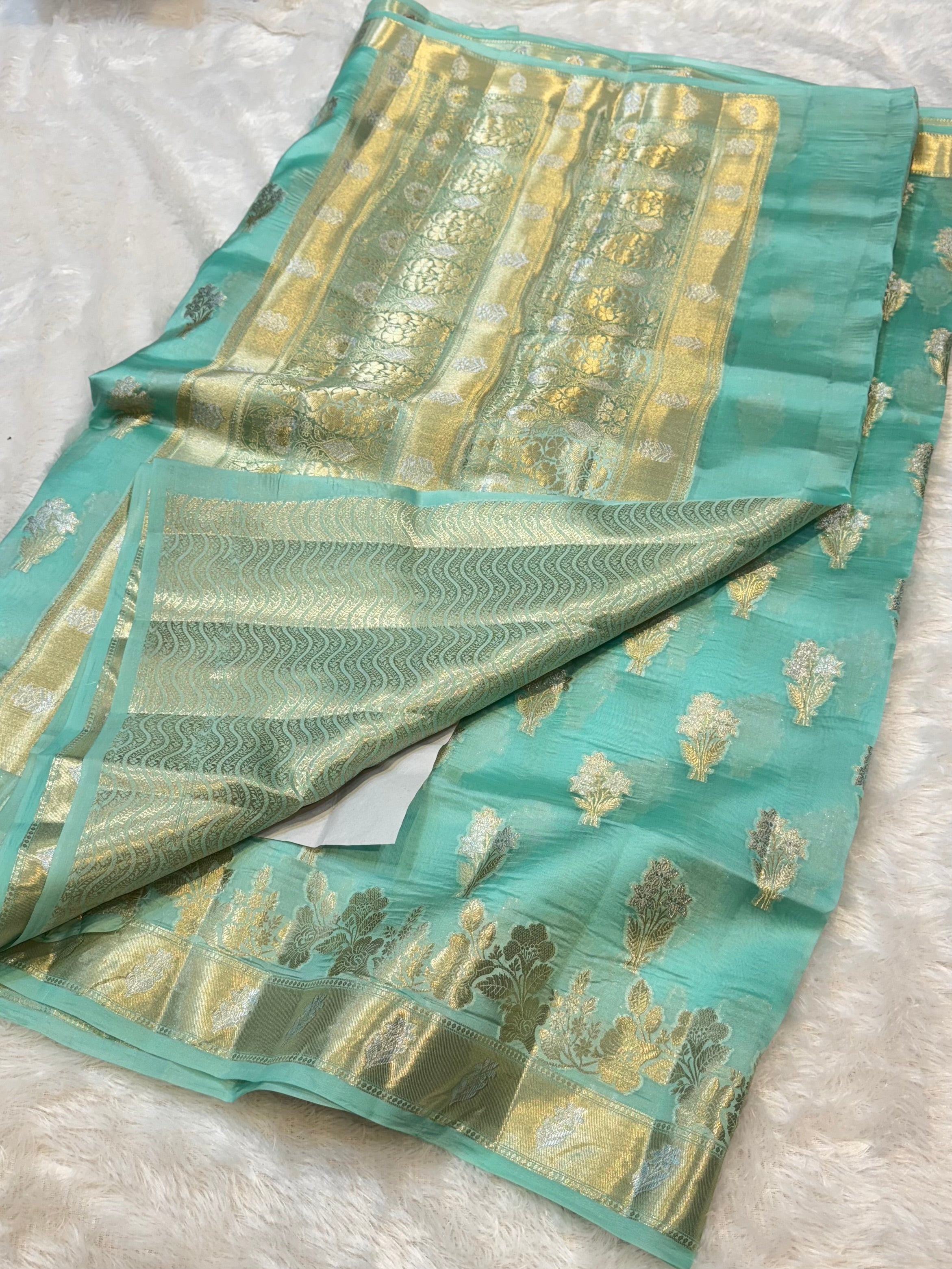 Sea Green 100% Pure Banarasi Raw Mango Silk Saree