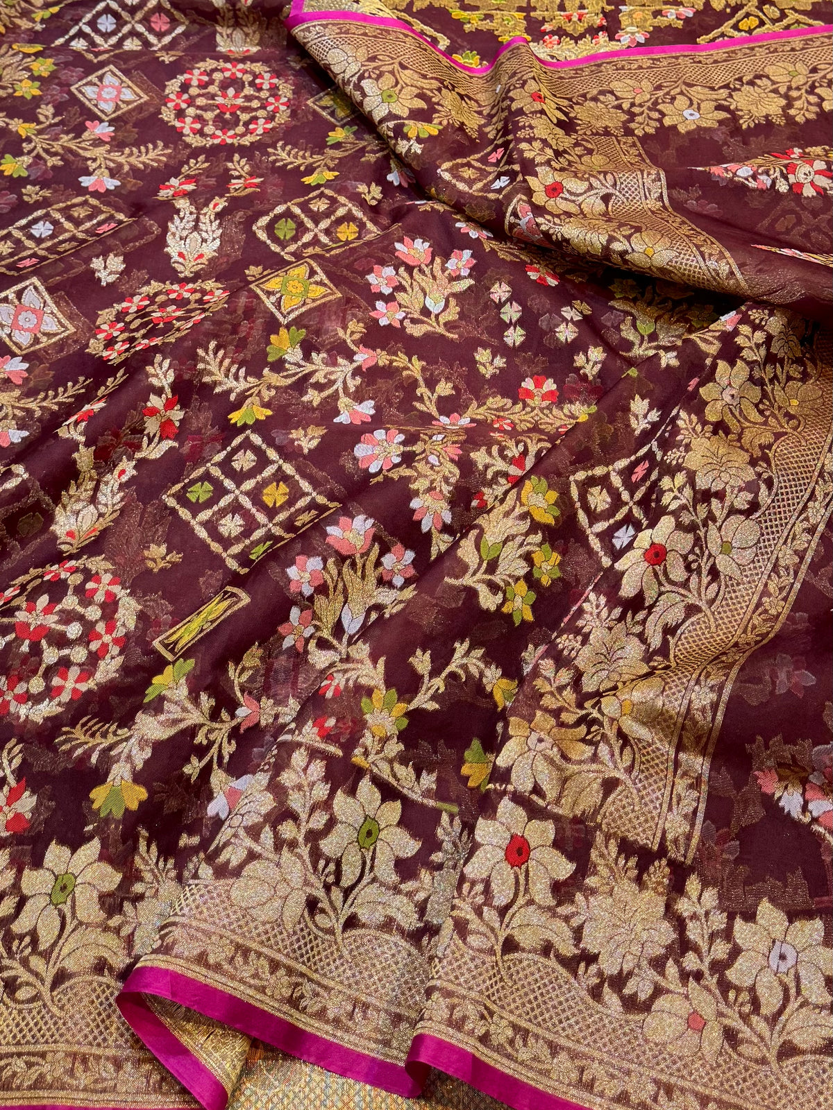 Wine Ektara Banarasi Kora Jamdani Saree